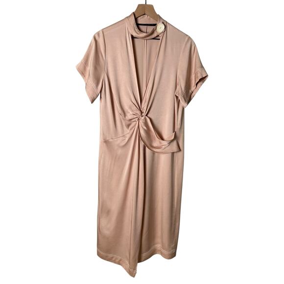 Zara Blush Knotted Satin Midi Dress Plunging Neckline Leg Slit Button Collar, S - Picture 2 of 15